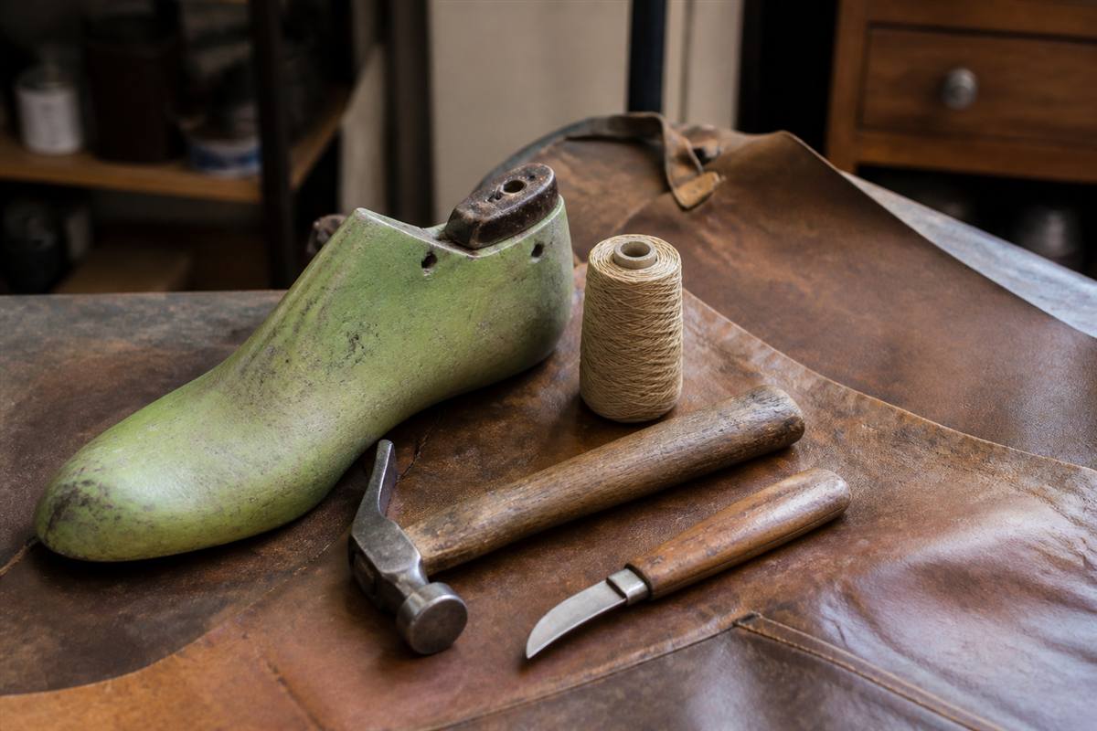 Cobbler tools and leather on the bench