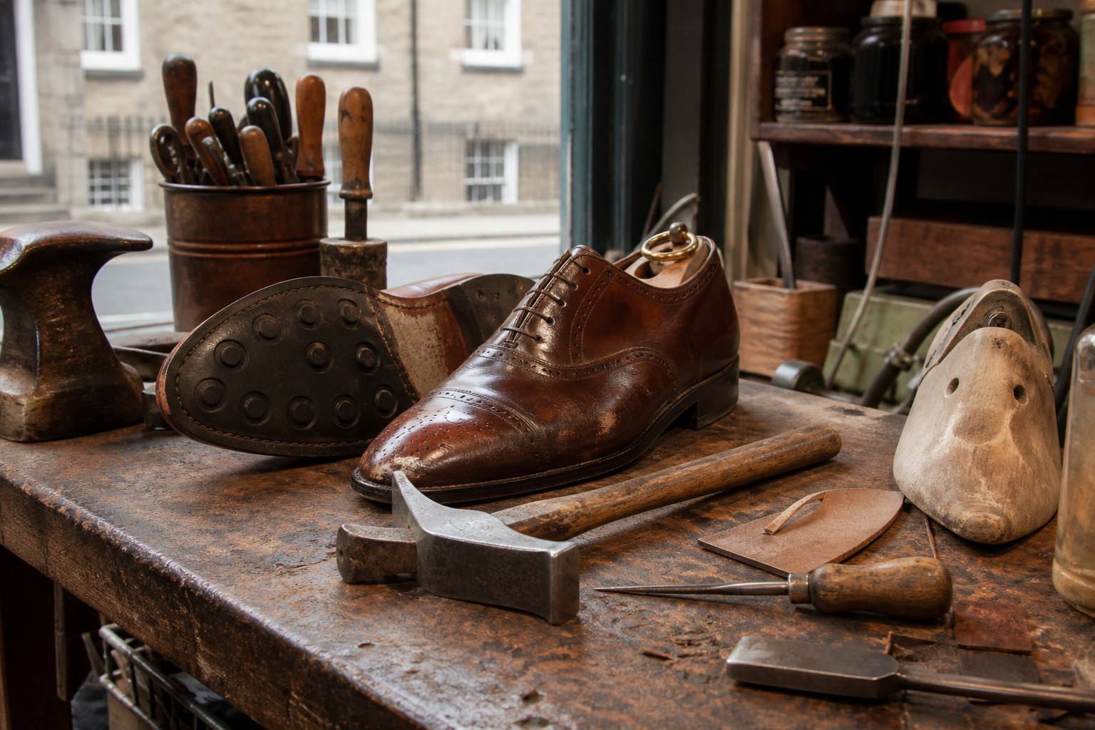 Leather shoes on the repair bench